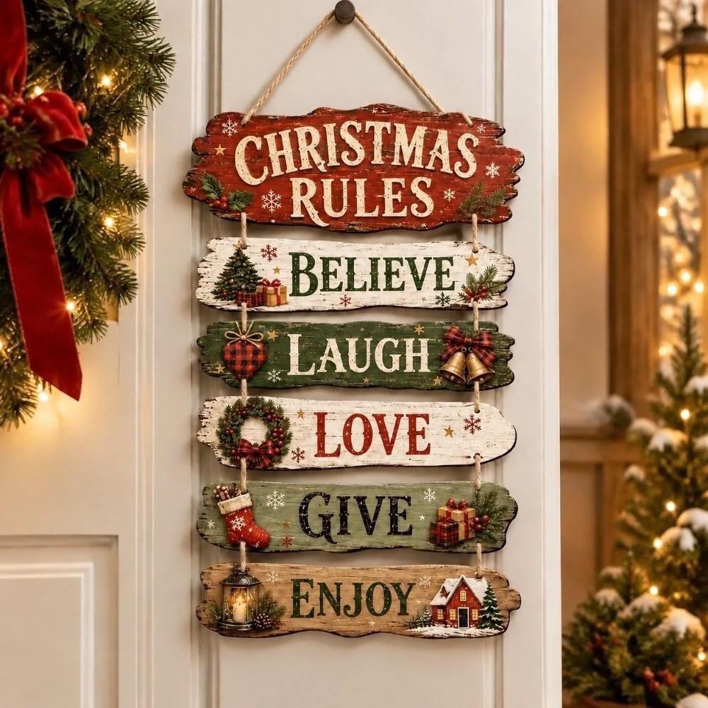 2D Flat 2D Wooden Door Sign Christmas Rules Xmas Hanging Ornament Holiday Gift