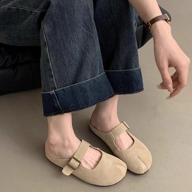 Soft leather version~ retro Boken shoes women wear platform bag head half slippers one-word buckle casual lazy Muller slippers