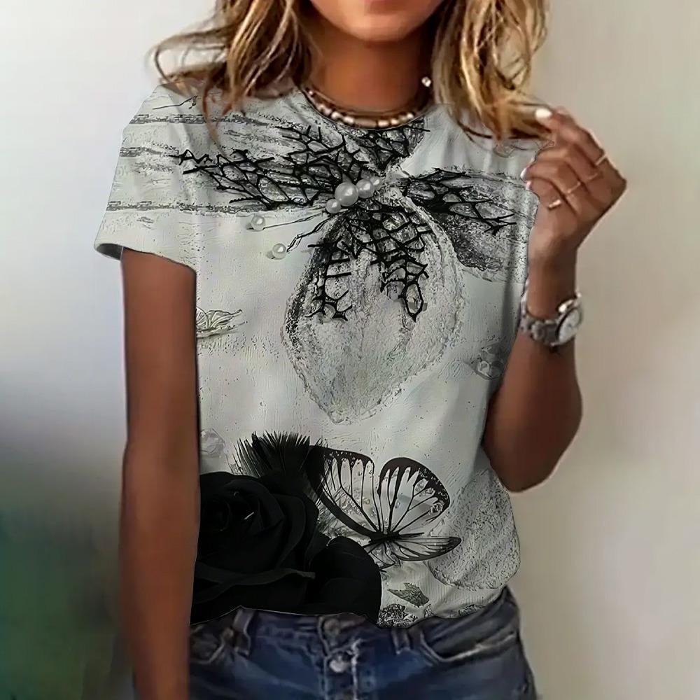 Summer New T-shirt Women's Clothing Casual Short Sleeve Butterfly Pattern Round Neck Elegant Blouse Women's T-shirt Price Is Low