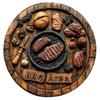Vintage BBQ Area Round Metal Tin Sign Grilled Steak Vegetables Flame Pattern Retro Wall Decor for Backyard Patio Bar