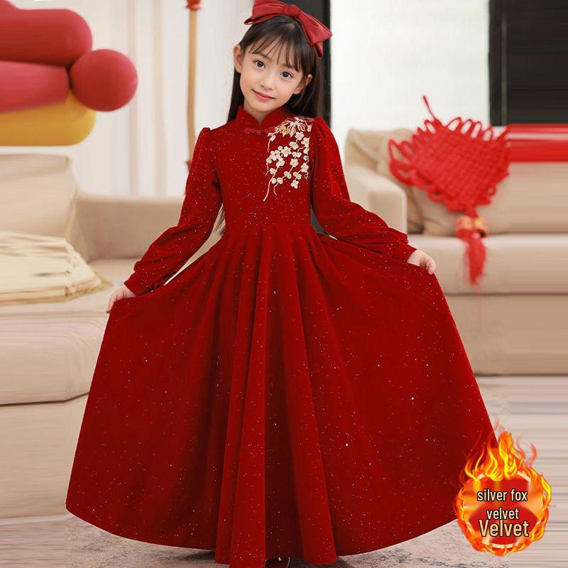 Korean Silver Fox Velvet 410g Girls' Elegant Red Long-Sleeved Embroidered Dress