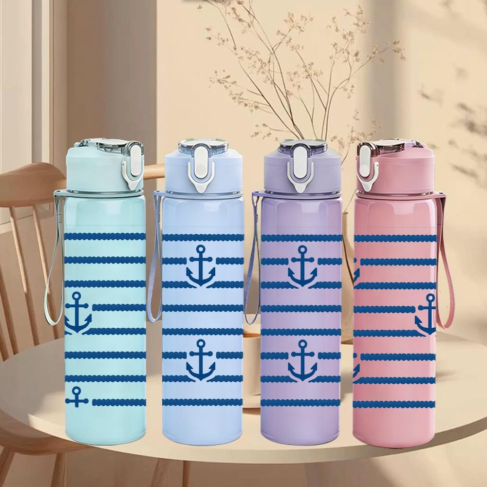 1PC Navy Anchor Stripe 750ml Color Plastic Sports Water Bottle Leakproof Flip Straw Lid Suitable for Sports Office Home Use