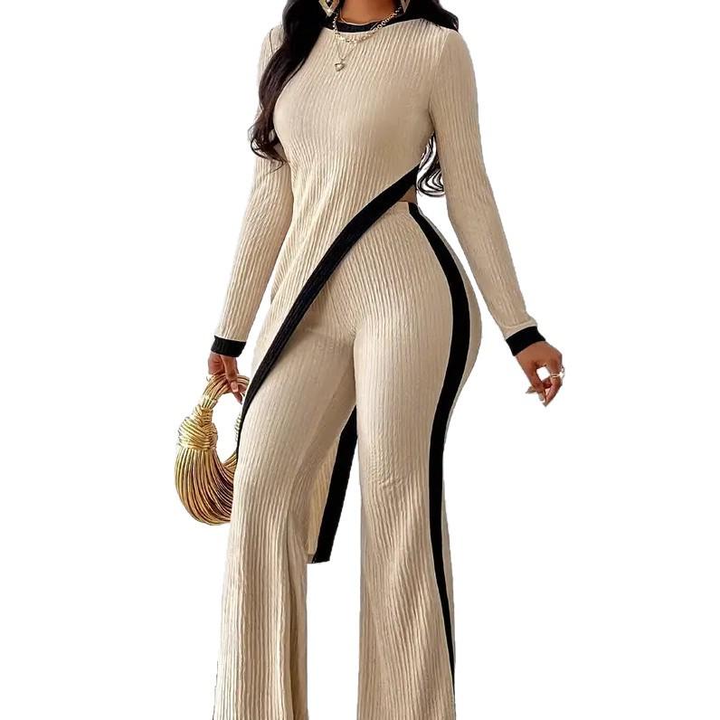 2025 Spring/Summer Women's Color Block Long Sleeve Side Slit T-Shirt & Patchwork Long Pants Set