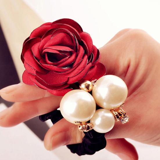 Women Satin Ribbon Rose Hairband Elastic Hair Ties Band Rope Ponytail Holder