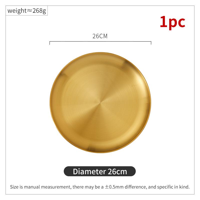 Gold Stainless Steel Thickened Dinner Plates Round Coffee Tray Dessert Cake Snack Fruit Steak Dishes Korean Cutlery Metal Plate