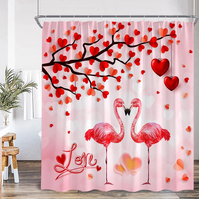 Valentine'S Day Shower Curtain Red Heart Rose Flowers Bicycle Petals Lovers Gift Fabric Home Bathroom Curtains Decor With Hooks