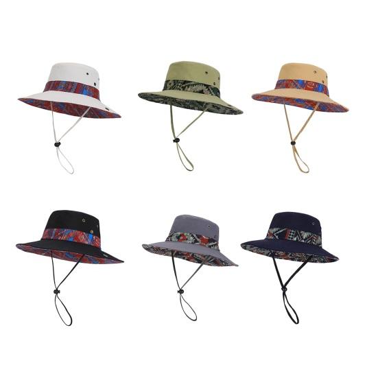 Bucket Hat Extra Large Brim Adjustable Fit Ethnic Style Cowboy Fisherman Hat Windproof Buckle Foldable Outdoor UV Blocking