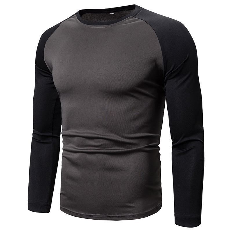 

2026 Men s Color Block Long-Sleeve Round Neck T-Shirts M темно-серого