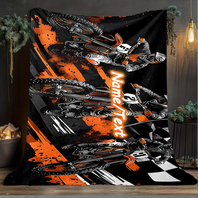 1PC Custom Name Motocross Thrill outdooor Flannel blankets Throw Blanket All-Season Throw Gift Bedspread for Couch, Bed, Camping Holiday Birthda