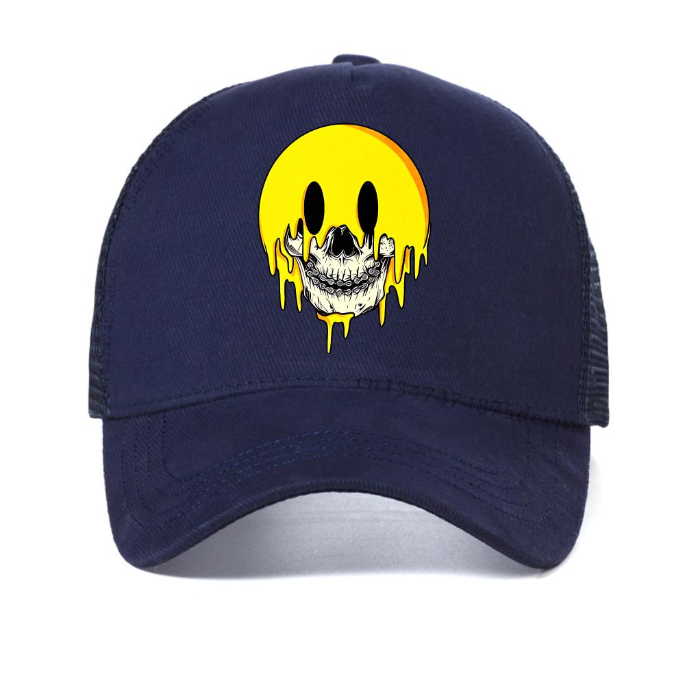 

Skeleton smiley face cap Happy Cartoon Smile Print Men Women baseball cap Fashion Hip Hop adjustable mesh breathable Trucker hat Adjustable темно-синього кольору