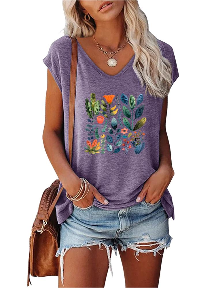 Women Fashion V Collar Short Sleeve Top Summer Casual Print T-shirt