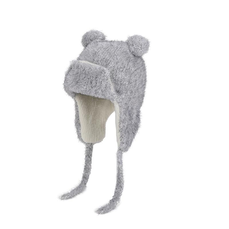 Childrens Plush Bear Ear Warmer Hat With Windproof Knit For Winter Outdoor Use Gray