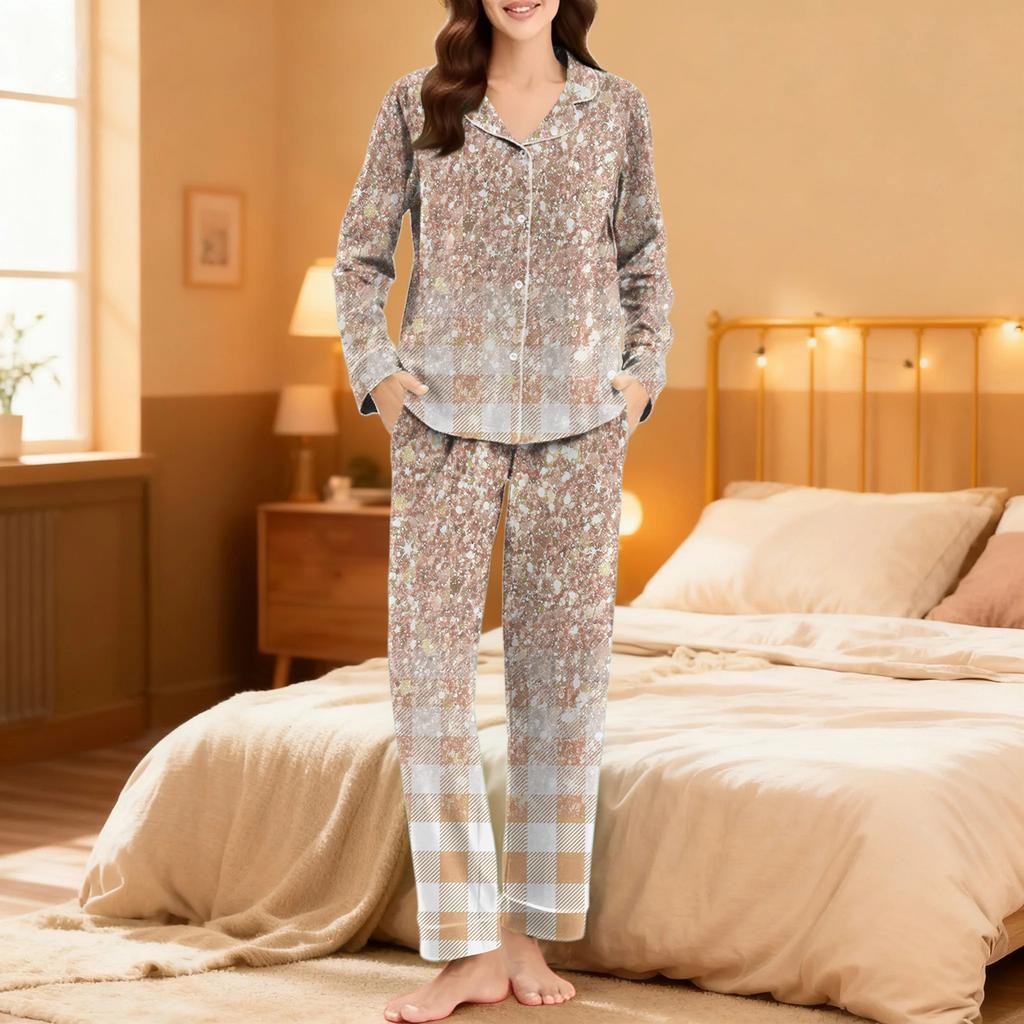 Damen Casual Mode Karomuster Patchwork Druck Langarm Hose Loungewear Set