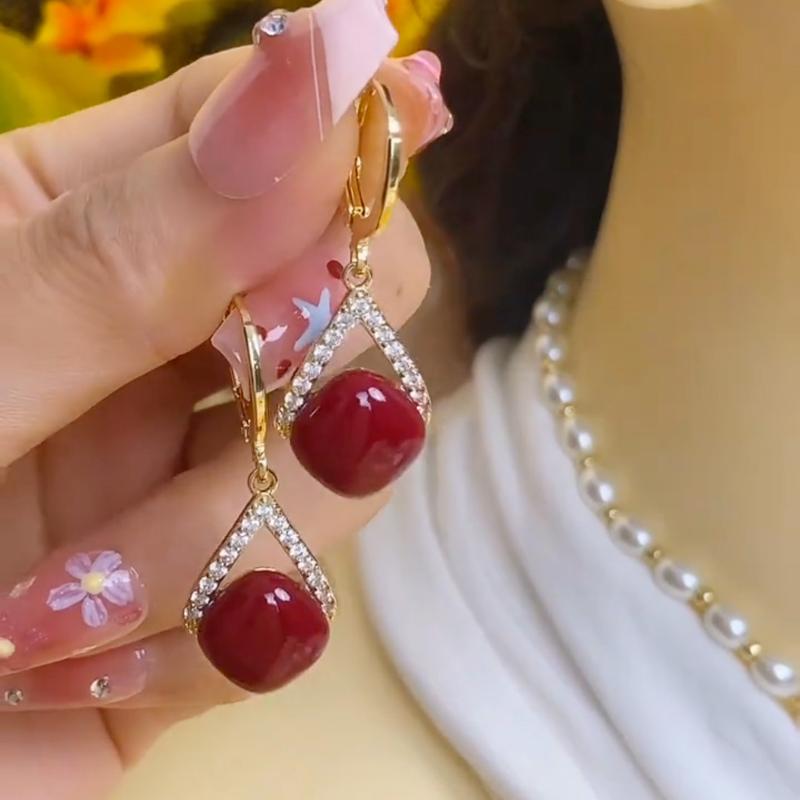 Vintage Red Color Maple Leaf Inlay Zirconl Metal Earrings For Women  Personalization Jewelry Gift