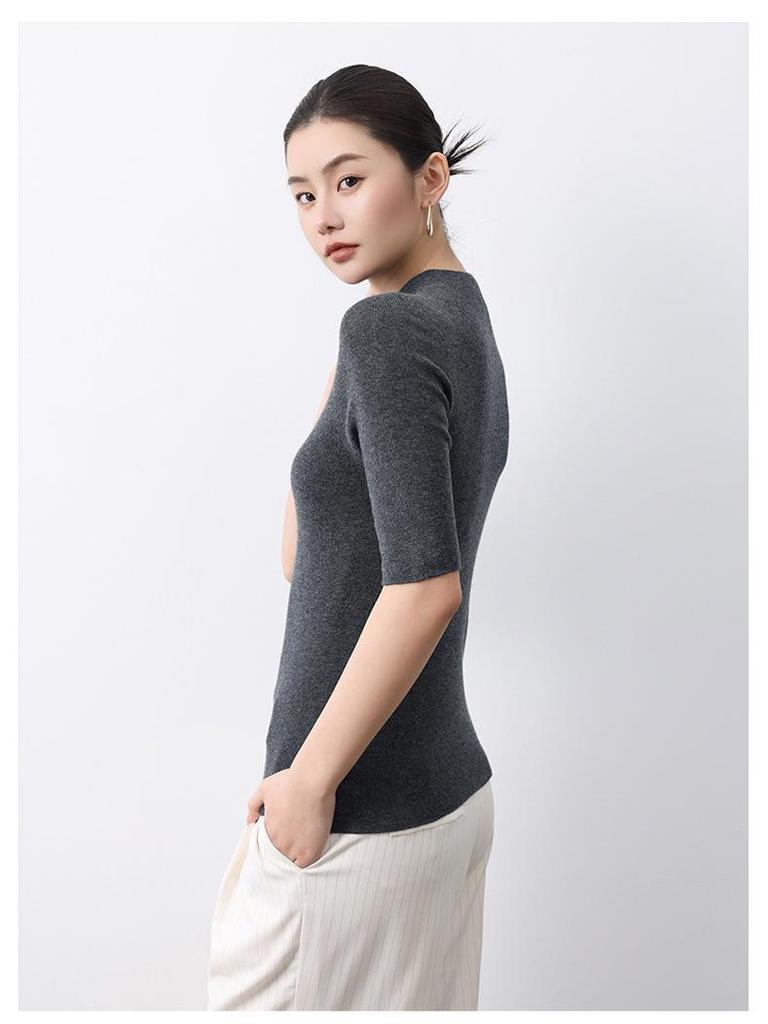 Ancola Women's Red Slim-Fit Wool Cardigan, Half-High Neck, Short Sleeves - 2025 Spring/Summer Thin Style Knitted Base Layer.