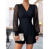Women's Solid Color V Neck High Waist Long Sleeve Glitter Mesh Patchwork Straight Short Romper Jumpsuit