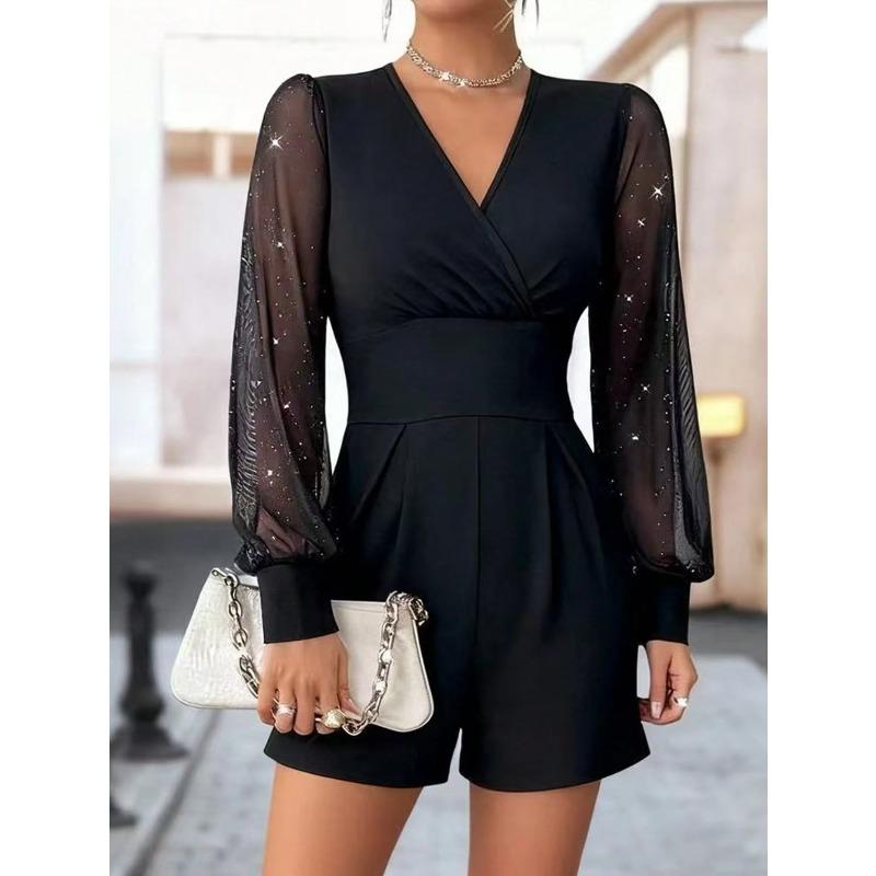 Women's Solid Color V Neck High Waist Long Sleeve Glitter Mesh Patchwork Straight Short Romper Jumpsuit