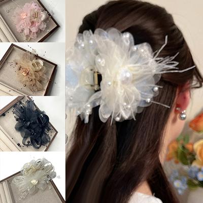 Fashion Temperament Mesh Bow Bead Tassel Women Ponytail Shark Clip Girl Headwear Accessories