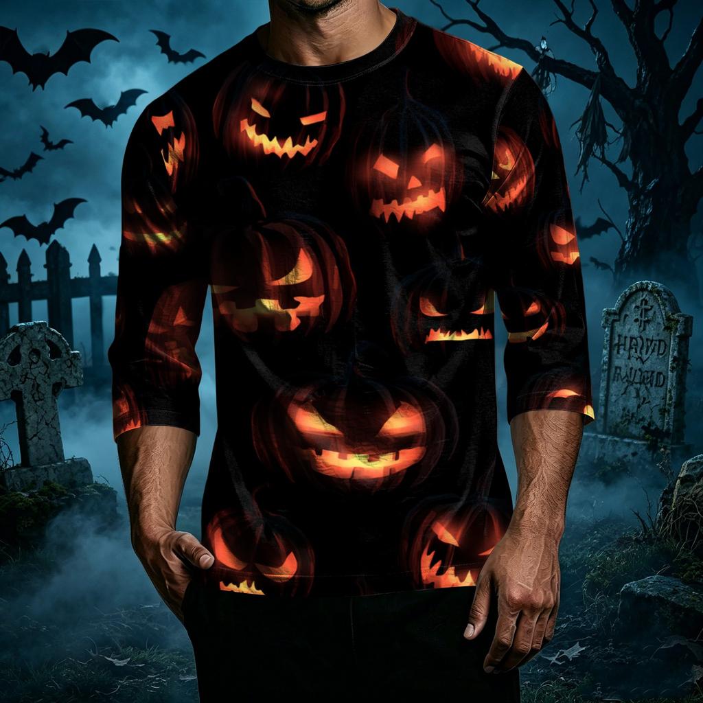 Men's Halloween Print Casual T Shirt 3 4 Sleeve Crew Neck Top Lightweight Comfortable Fit Seasonal Graphic Tee