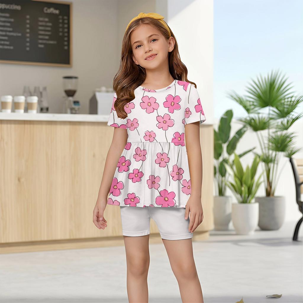 Mädchen Sommer Outfit Set Kurzarm Oberteil mit Rüschensaum und Schleifenprint mit passender Hose Weicher Leichter Bequemer Stoff für den täglichen Gebrauch