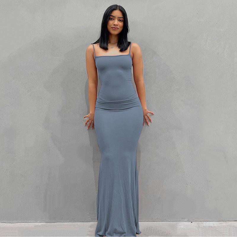 Women's High Waist Spaghetti Strap Bodycon Solid Color Mermaid Maxi Dress Club Party Evening Gown