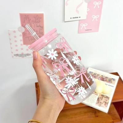 Simple Plastic Water Bottle Bowknot Pattern 500ml Aesthetic Tumbler Cup Heat-resistant Large Capacity Milk Tea Cup for Students