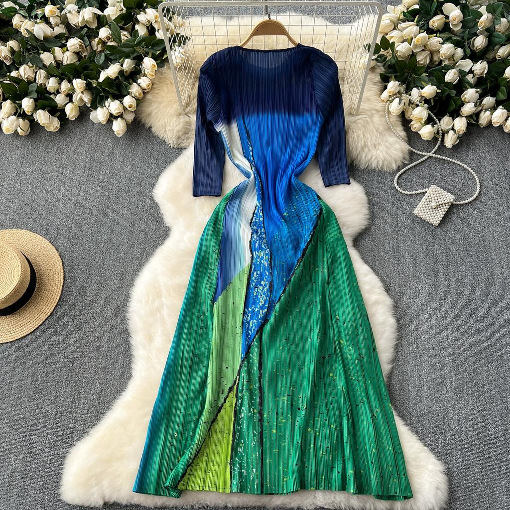 Summer Women Designer Print Gradient Color Runway Dresses Long Maxi Oversized Loose Pleated Party Robe