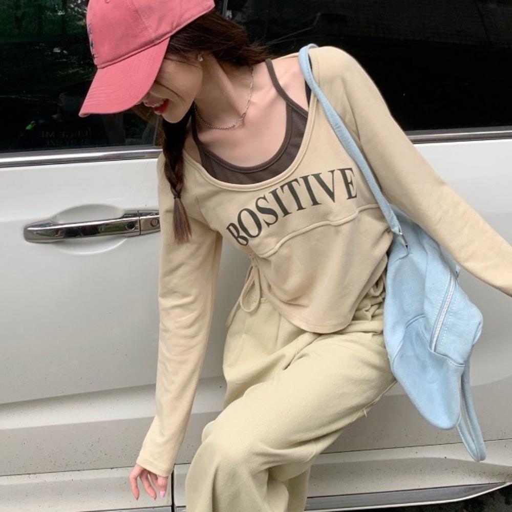 

Футболки-подделки из двух частей с завязками, свободные свитера Y2K, женские корейские топы с длинными рукавами для женщин L чёрный