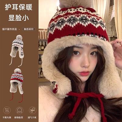 Ethnic Style Hat Women's Winter Knitted Warm Northeast Cold-proof Velvet Thickened Face Small Ear Protector Cotton Hat Lei Feng Hat