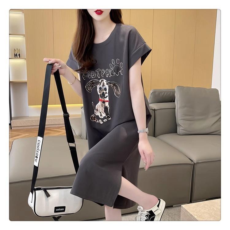 Damen Sommer Koreanische Version von Loose Cartoon Dog Letter Kurzarm T-Shirt Mode Lazy Long Dress