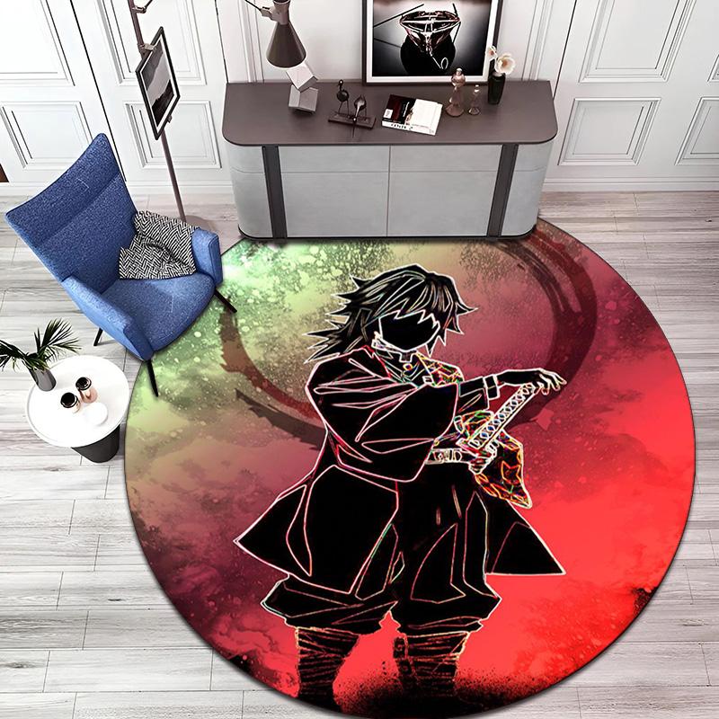 Classic Japanese-style Cartoon Demon Slayer Round Rug, Home Soft Decorative Anti-slip Yoga Mat and Chair Mat, Outdoor Floor Mat Carpet K17