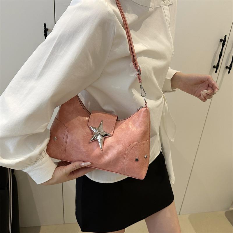 Premium Nischendesign Sternschnalle einfarbig Retro Schulter Umhängetasche Tragetasche einfache Freizeittasche