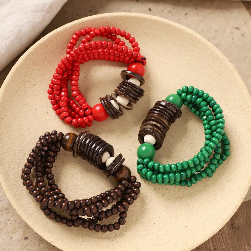 Wood bead multi-layer bracelet, retro and exaggerated pendant bracelet, Bohemian ethnic style bracelet