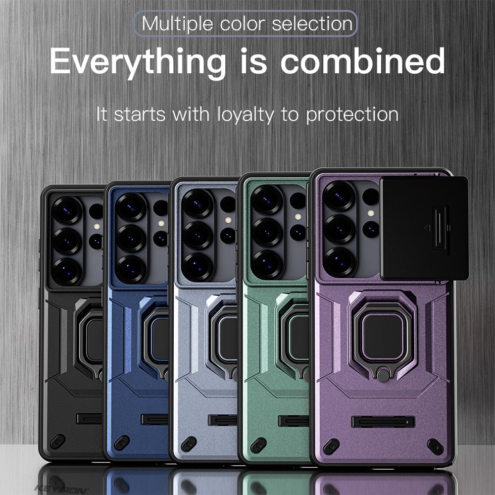 KEYSION Shockproof Armor Case for Samsung S26 Ultra 5G Slide Camera Lens Protection Ring Stand Phone Cover for Galaxy S26+ Plus