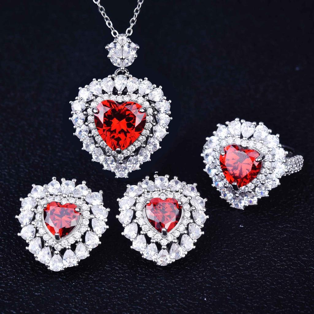 Imitation Natural Pomegranate Red Necklace, Princess Diana Love-Shaped Micro-Inlaid Ring Stud Earrings Pendant Set
