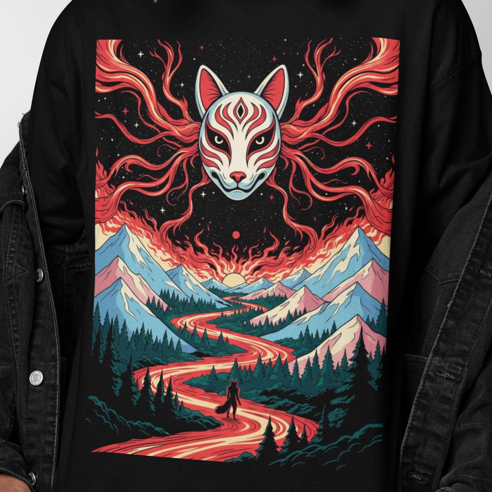 Kitsune Spirit Psychedelic T Shirt | Surreal Fox Mask Graphic Tee | Mythic Japanese Art Gift | Unique Fantasy Present Shirt 2XL
