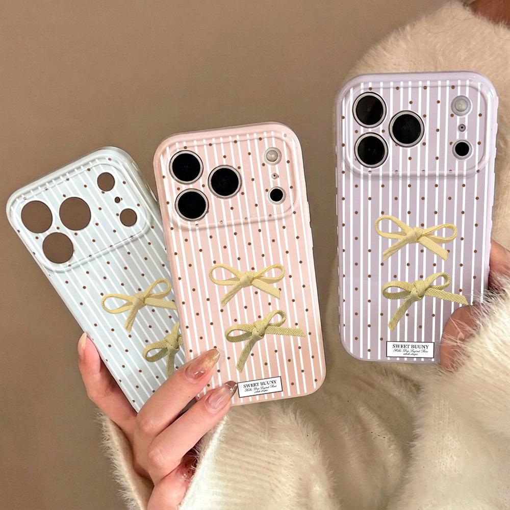 Applicable To Apple 17PROMAX Girl Heart Striped Polka Dot Bow Mobile Phone Case Apple 16/15 Cute 14/13