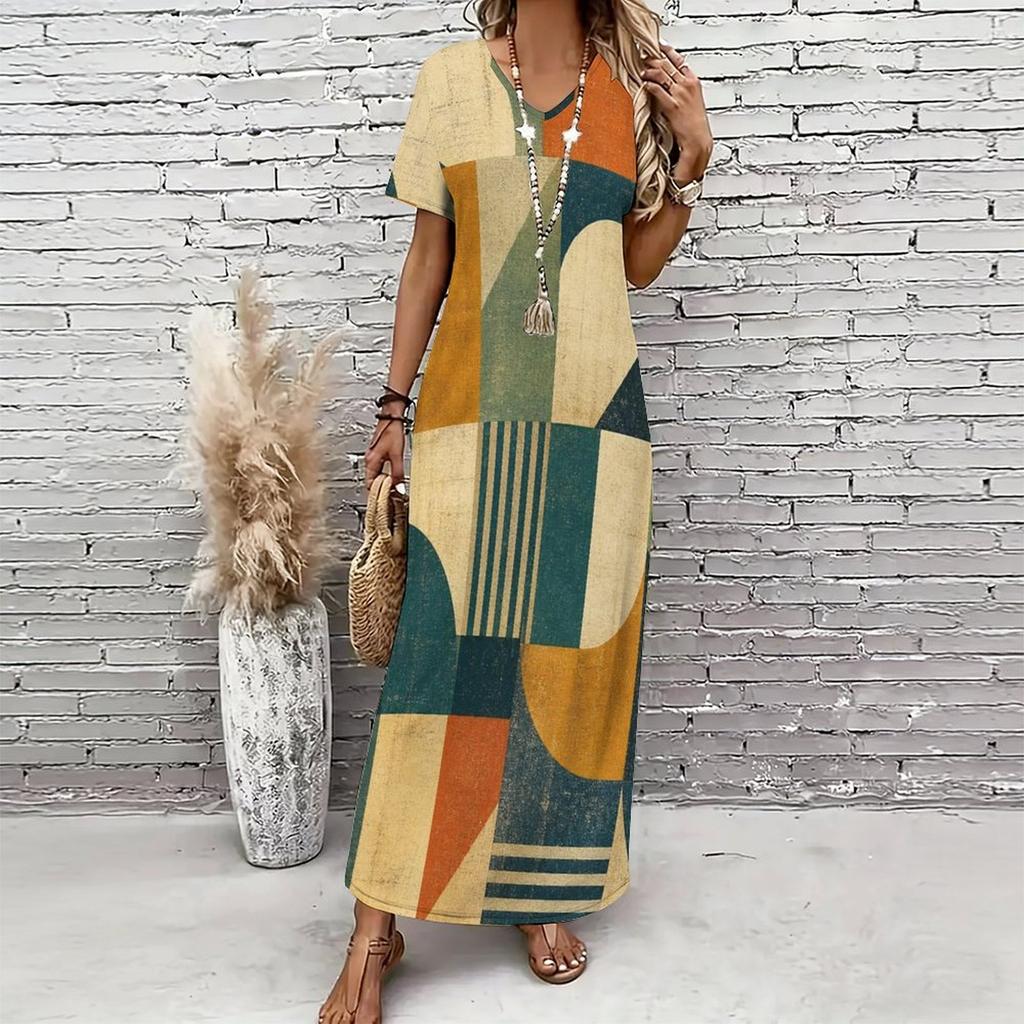 Women Plus Size V Neck Short Sleeve Printed Straight Long Dress Green Khaki