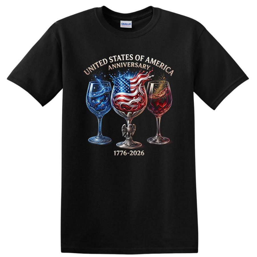 USA 250th Anniversary T Shirt Celebration w/ Flag Eagle Wine Glasses Tee 3XL