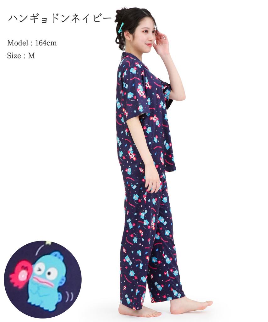 SAZAC Cosmic Hangyodon Shirt Powder Stretch Short Sleeve and Long Pants Loungewear Pajamas, Fabric, Women's Set, (Navy/L/SAN1953)