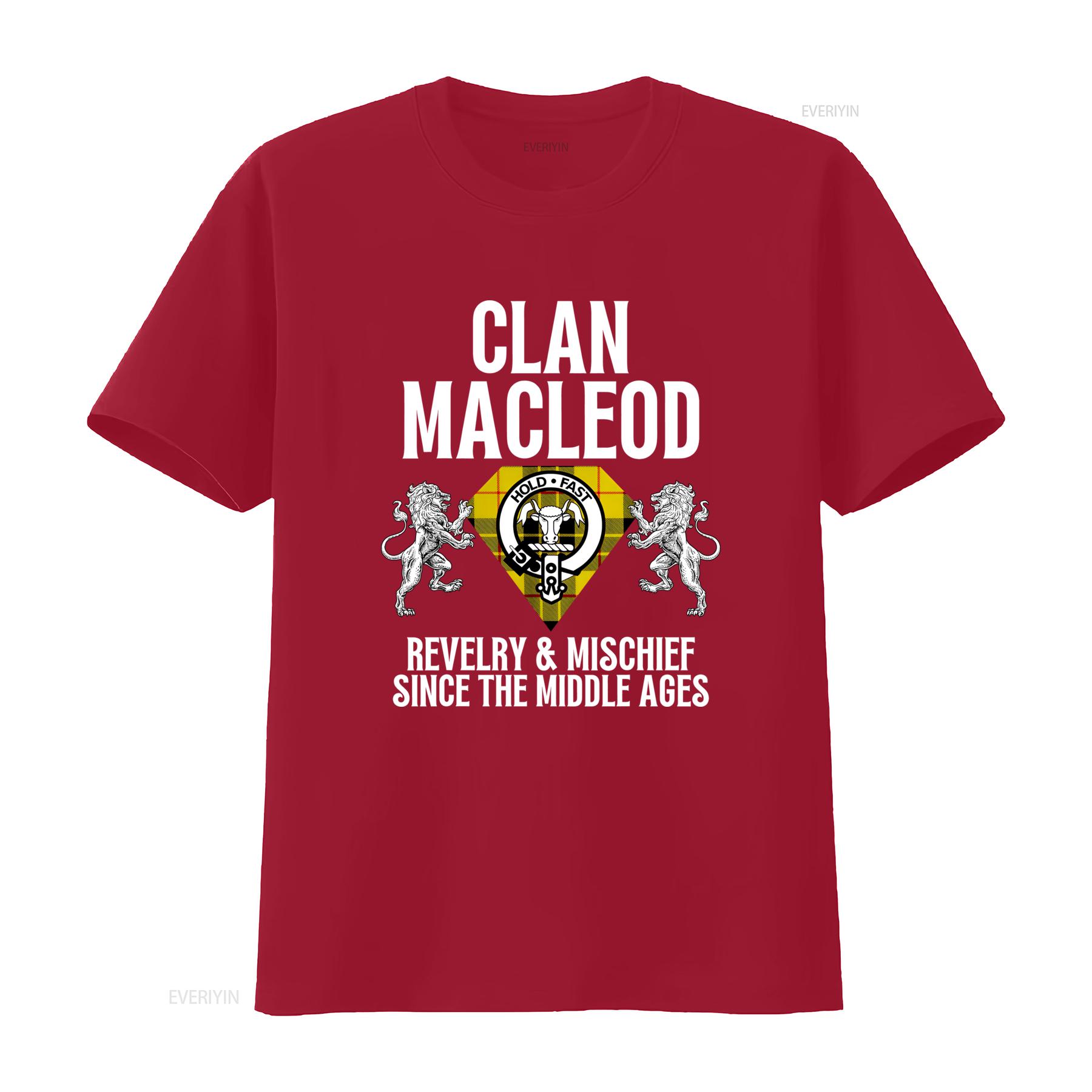 

Macleod Clan Scottish Name Coat Of Arms Tartan Family Party T Shirt Design with Lions and Hold Fast Motto for Revelry S
