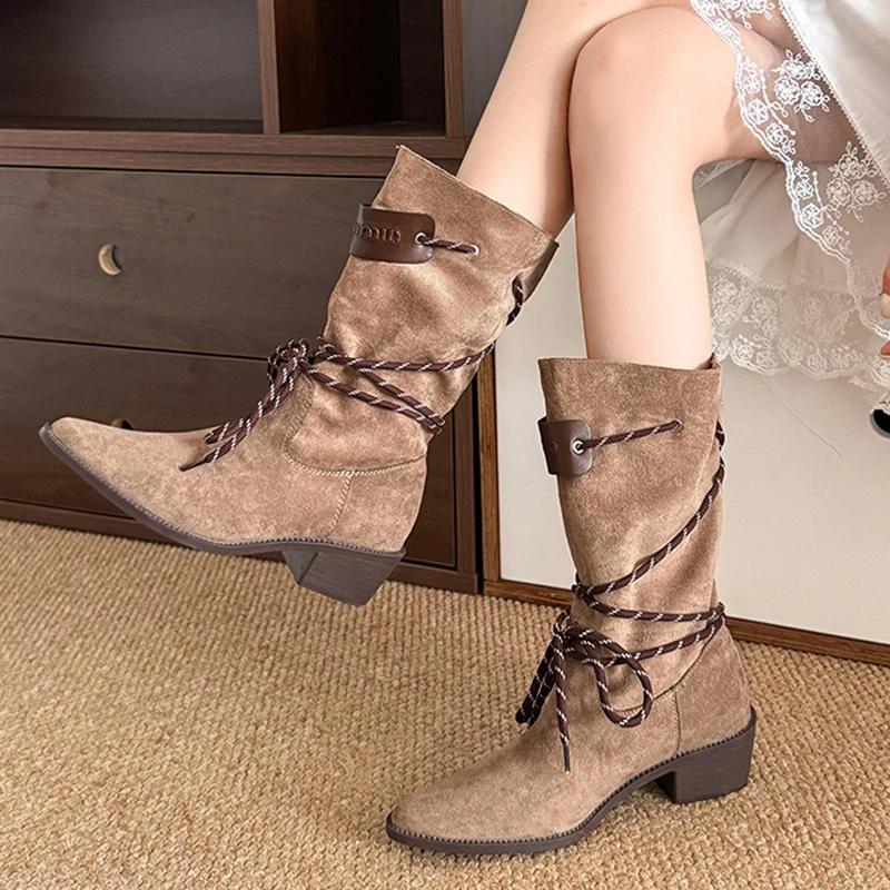Fashion Autumn Winter Thick Heel Western Boots Women 2025 Sexy Pointed Toe Mid Calf Boots Woman Slip On Faux Suede Riding Botas Mujer