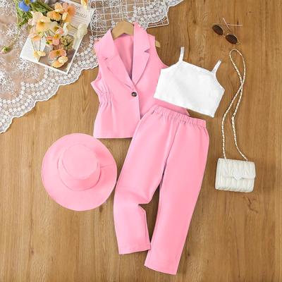 Girls Fashion Suit Summer Kids Casual Coat + Vest + Pants with Hat Suit