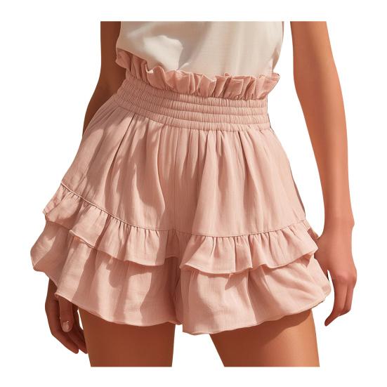 Women s Cotton Linen Ruffle High Waist Layered Tiered Shorts Elastic Flowy Shorts Casual XL