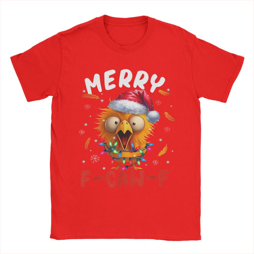 Merry F-Caw-F Christmas Chicken Xmas T-Shirts for Men Cool 100% Cotton Tee Shirt Round Neck Short Sleeve T Shirts
