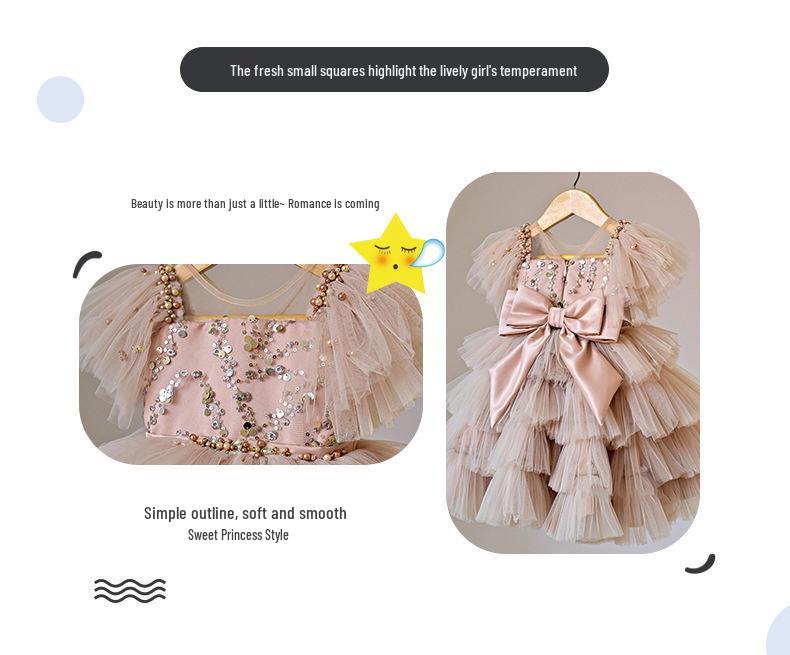 Vestito beige con paillettes a strati e spalline per il primo compleanno di bambina, con gonna in tulle voluminosa e fiocco (2025)