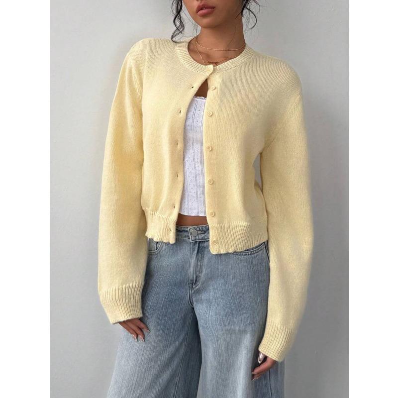 

2026 Autumn Winter Round Neck Long Sleeved Cardigan Sweater Casual Simple Button Knitted Women s Jacket Solid Color Loose and Thin Short Coats 9 color spot! жёлтый