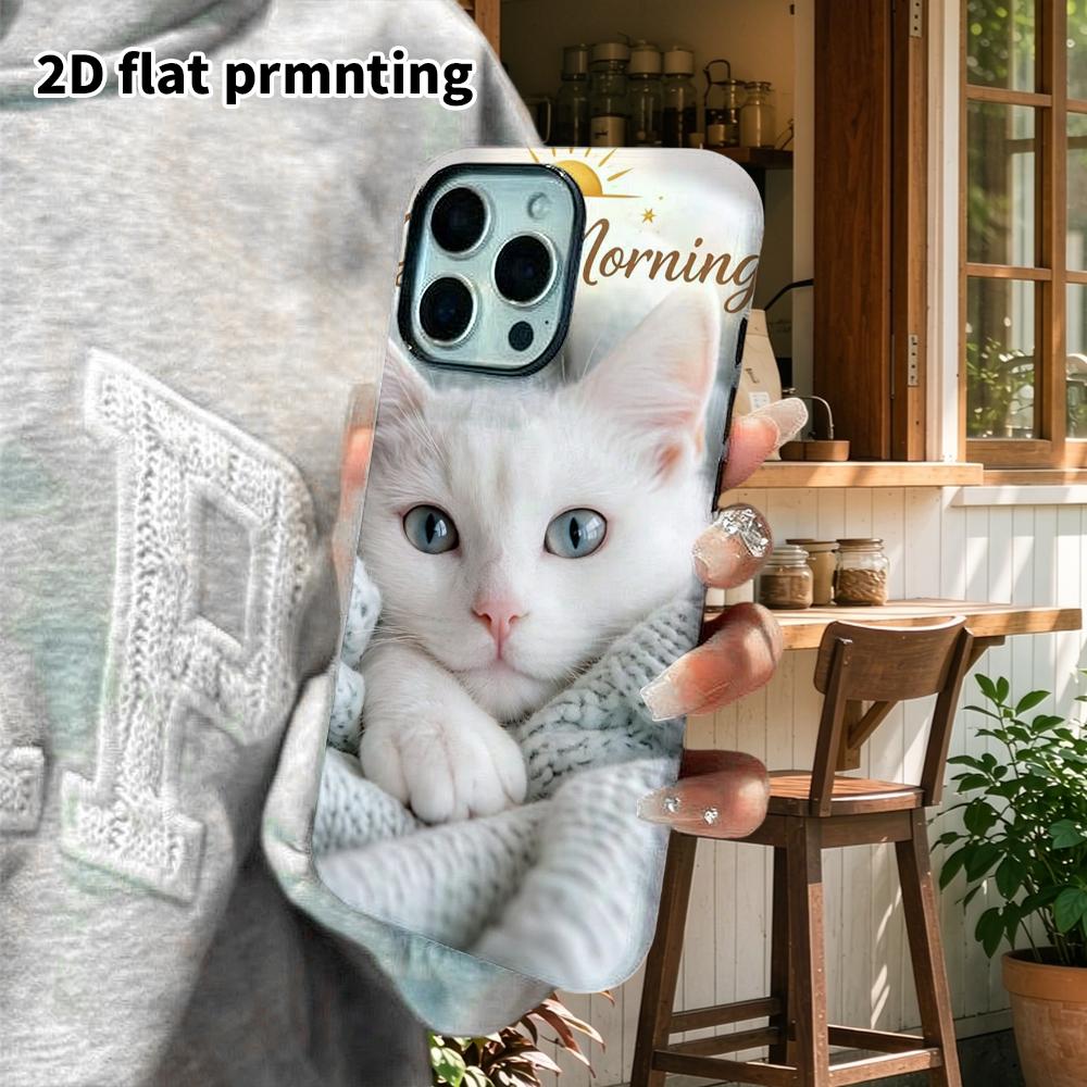 Phone Case: 2D Flat Design Suitable for iPhone 18 17 16 15 14 13 Pro Film Protective Case, Couple Style, Fluffy White Cat, Christmas and Halloween Gif