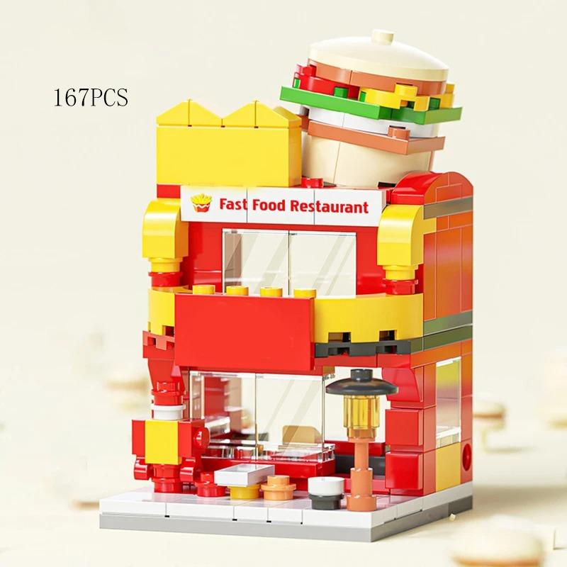 City Mini Shop Supermarket Street View Model Building Blocks Hamburger Restaurant Retail Store Bricks Architecture Friend Girl