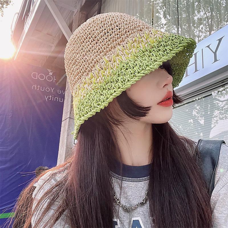 Weaving bucket hat women's summer breathable big head circumference showing face small hat UV protection sunshade sun protection hat